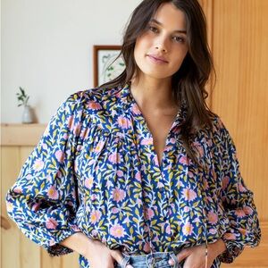NEW Emerson Fry Emmaline Blouse - Blue Chrysanthemum Satin